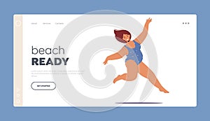 Beach Ready Landing Page Template. Joyful Plump Woman In Swimsuit Defies Societal Expectations By Energetic Jumping