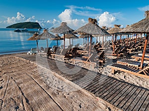 Beach recliners and facilities in Budva, Montenegro