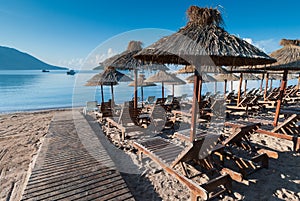 Beach recliners and facilities in Budva, Montenegro