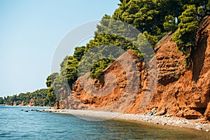 Beach with red land and green pines in Metamorfosi, Greece