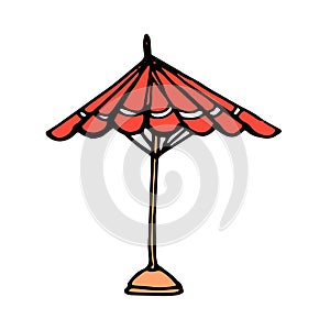 Beach red umbrella. A hand-drawn doodle in the style of a red open umbrella on a stand, red with white stripes, an isolated