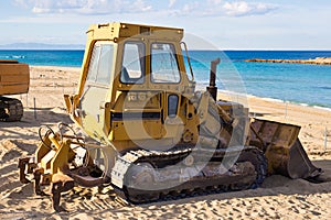 Beach renovation with heavy excavator machine, Cyprus