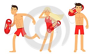 Beach-rescue Man and Woman Character in Swimwear Performing Their Duties Vector Illustration Set