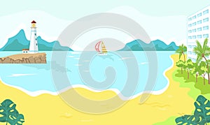 Beach resort hotel on sea or ocean coast in summer, palms, yacht in water, seamark for romantic vacation cartoon vector