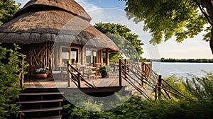 Beach resort patio with wicker chairs and palm roofs