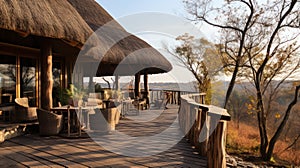 Beach resort patio with wicker chairs and palm roofs