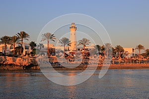 Beach in the resort of Sharm El Sheikh at sunset