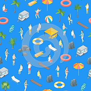 Beach Rest Concept Seamless Pattern Background 3d Isometric View. Vector