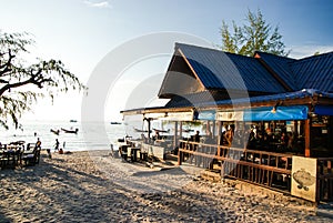 Beach restaurant on the sandy seashore of Koh Tao island. Thailand