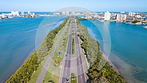 Beach Road. Aerial view on Ocean or shore Gulf of Mexico. Spring break or Summer vacations in Florida. Hotels, restaurants and Res