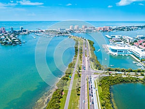 Beach Road. Panorama Aerial view on Clearwater Beach FL. Ocean or shore Gulf of Mexico. Spring break or Summer vacations