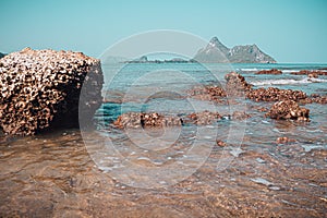 Beach rock horizon scenics Calm sea blue water ocean  blue sky