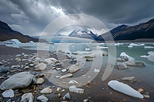 a beach with rocks, ice and water underneath gray skies