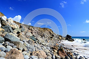 Beach with Rocks and Sand and Blue Sky