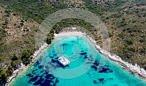 Beach rocky coast of Croatia island, Mediterranean sea national park. Yachting and sailing tourist holiday.