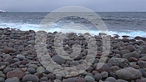 On the beach round stones. Barents sea coast. Teriberka, Russia