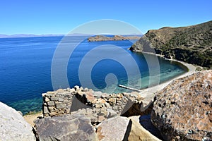 Beach and ruins of Isla del Sol island, in Titicaca Lake, Bolivia