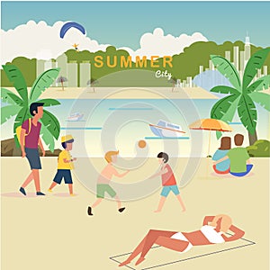 Beach`s life concept. relaxation people near the beach - vector illustration