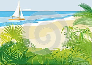 Beach with sailing ship and palm trees– illustration