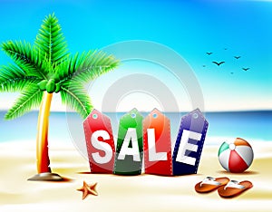 Beach Sale in Tags with Palm Trees beside the Starfish and Beach Ball