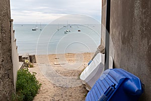 Beach sand access alley on the isle of Noirmoutier with view on the sea