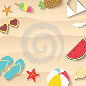 Beach sand background with different summer items flat illustration. Watermelon slice, flip flops, sunglasses and sea stars