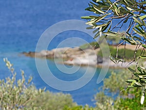 Beach sand and beautiful blue sea view. Natural living. Pelion peninsula. Pagasetic gulf. Platanias village. Greece.