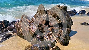 Beach sand blue turquoise water waves rocks panorama Puerto Escondido