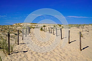 Beach sand Path fence Through Dunes access sea in Lacanau ocean atlantic in France