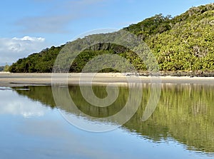 A beach and sand ripples at low tide on the Gold Coast in Queensland, Australia