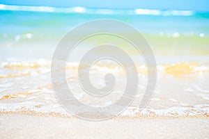 Beach Sand on Sea Background Shore Summer with White Wave and Blue Ocean,Beautiful Seascape Nature for Tourism Vacation Travle photo