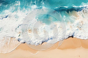 Beach Sand Sea Shore with Blue wave and white foamy summer background,Aerial beach top view overhead seaside