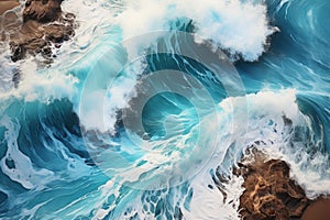 Beach Sand Sea Shore with Blue wave and white foamy summer background,Aerial beach top view overhead seaside