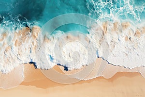 Beach Sand Sea Shore with Blue wave and white foamy summer background,Aerial beach top view overhead seaside