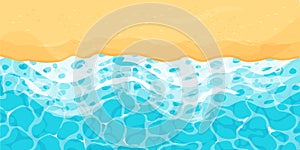 Beach with sand water ripple surface with sunlight reflections in cartoon style, game texture top view. Beach, ocean