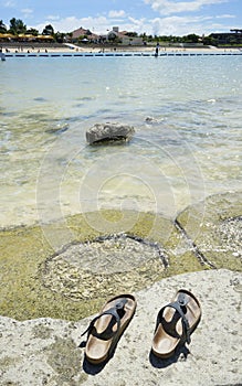 Beach sandal on the seaside on the Sunset beach in Chatan City in the American Village of Okinawa island in Japan