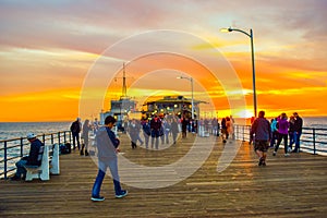 Beach Santa Monica pier at sunset, Los Angeles