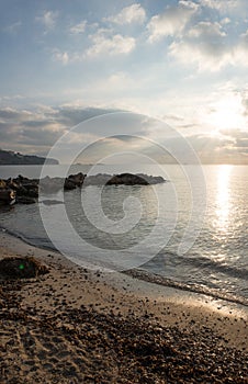 The beach of Sas figueretes under the blue sky in ibiza