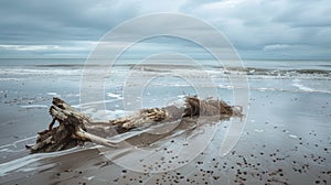 A beach scattered with driftwood under a cloudy sky AIG50