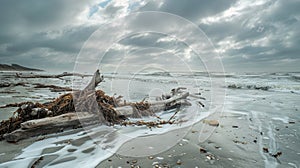 A beach scattered with driftwood under a cloudy sky AIG50