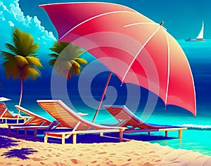 Beach scene with a beach red umbrella and a beach. Illustration