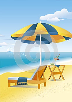 Beach scene: a beach umbrella and a chaise lounge