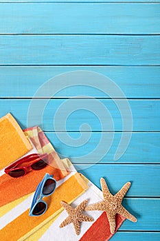 Beach scene with blue wood decking