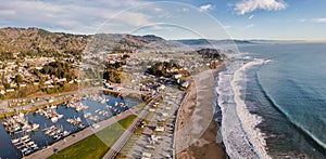 Beach Scene in Brookings Oregon, aerial view.