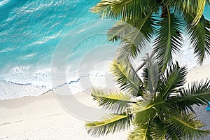 Beach scene, featuring a serene ocean, golden sand, and swaying palm trees.