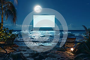 A beach scene with a large screen and two chairs with Generative AI