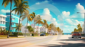 beach scene, miami street with palms, palms in the miami