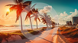 beach scene, miami street with palms, palms in the miami