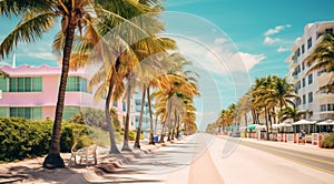 beach scene, miami street with palms, palms in the miami