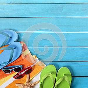 Summer background beach flip flops copy space blue